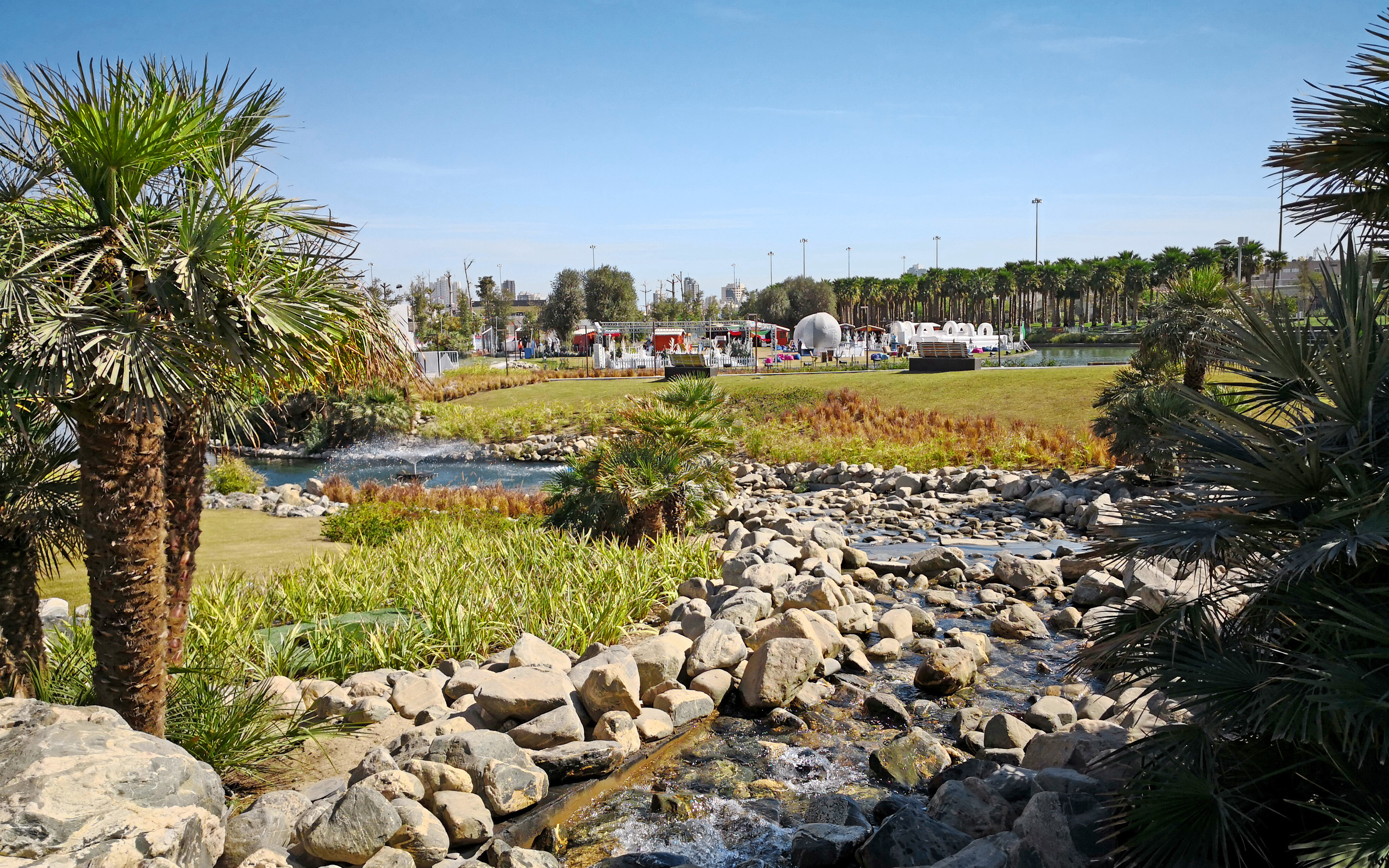 Parque con un arroyo y palmeras