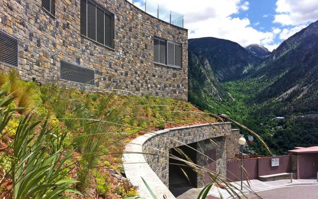Cubierta ajardinada extensiva enfrente de las montañas